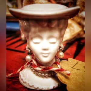 Vintage Lady Head Vase, white porcelain w/faux pearl earrings and necklace.